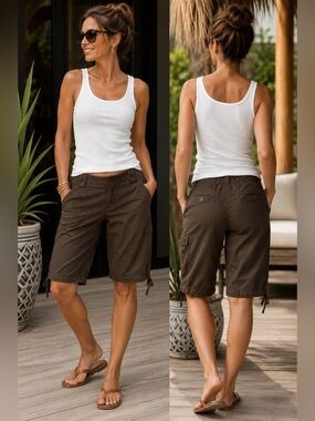 Jones New York Sport Petite Brown Cargo Bermuda Shorts Size 12 Adjustable Hem